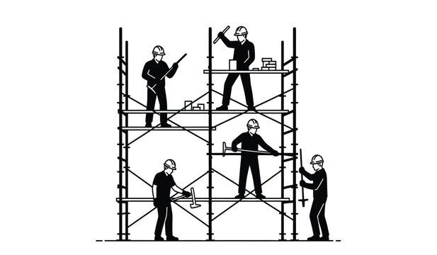 Workers on scaffolding in construction site with people working at different levels