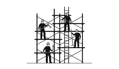 Four construction workers on scaffolding structure with ladder in black silhouette