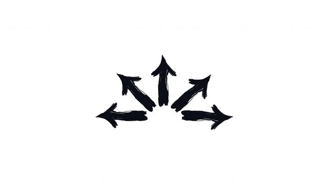 Multiple options arrows bold thick stroke animation. Burst radiating outward. Potential choices diversity. Expressive grunge marker highlight pointer 4K video motion. Animated ink rough direction