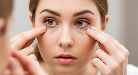 Title: Close-up of a young woman looking in a mirror, pulling down the skin under her eyes to examine dark circles.
