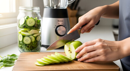 Title: Person slices a green apple on a cutting board with a jar of cucumber slices and a blender in a bright kitchen.
