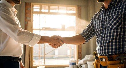 Title: Two men shake hands on a construction site, sunlight streaming through a window behind them.
