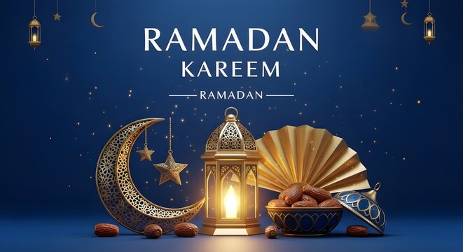 Ramadan kareem greeting with lantern and crescent moon