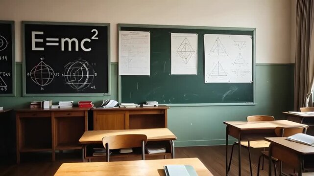 an empty school classroom with wooden desks and chairs in the rays of sunlight. mathematical formulas, including einstein's famous equation, are written on the blackboard.