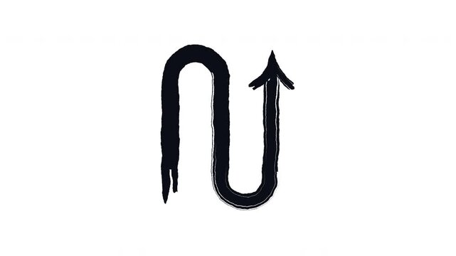 Smoothly bent arrow with U-turn shape bold thick stroke animation. Redirection icon. Sharp curved path. Expressive grunge marker highlight pointer 4K video motion. Animated ink rough direction