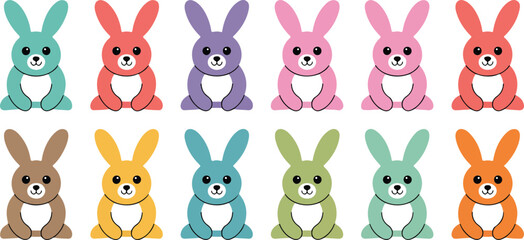 Fototapeta premium Cute colorful bunny character vector set featuring sitting rabbits in multiple bright colors for kids and playful designs