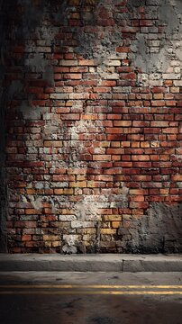 Grungy old brick wall with sidewalk and double yellow lines