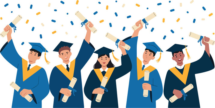 Happy group of graduates celebrating graduation ceremony vector illustration with students in caps, gowns, and colorful confetti