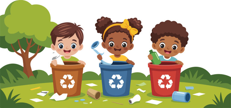 Happy children recycling waste together in park vector illustration with kids cleaning environment and sorting trash into colorful bins