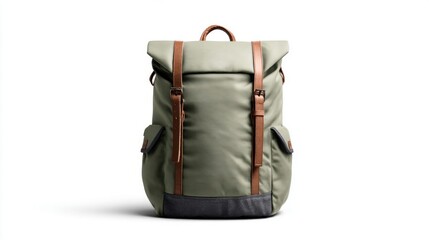 Naklejka premium Stylish olive green backpack with brown leather accents and buckle closures on white background