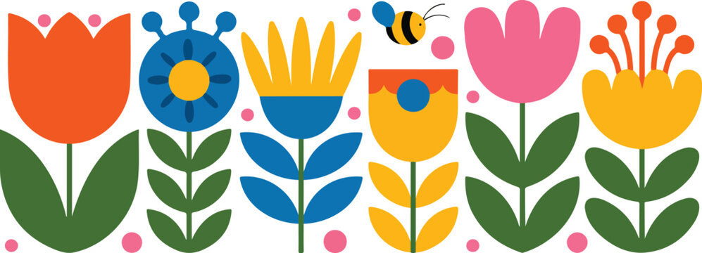 Bold flowers vector set with naive spring and summer floral illustrations in folk style, isolated on transparent background