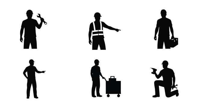 Silhouettes of construction workers performing various tasks and professions