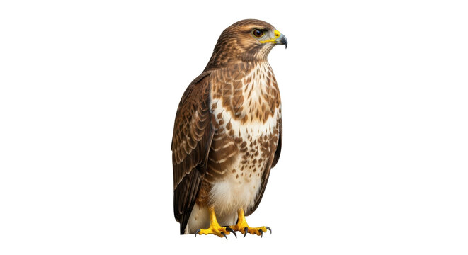 Isolated bird of prey, a buzzard standing alert with plumage details, outdoor wildlife study