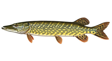 Isolated Northern pike, a freshwater carnivorous fish with sharp teeth and distinctive markings