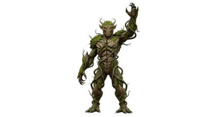 Isolated forest monster warrior in a victory pose with leaves and branches for fantasy design © Isolde