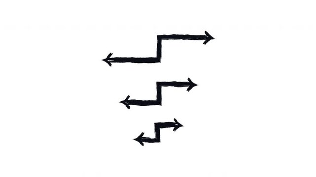 Two-sided arrows bold thick stroke animation. Opposing pointing left and right. Mirrored path. Expressive grunge marker highlight pointers 4K video motion. Animated ink rough direction set