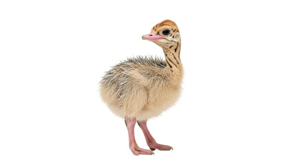 Isolated ostrich chick standing alone, a young bird looking away, a flightless bird portrait © Isolde