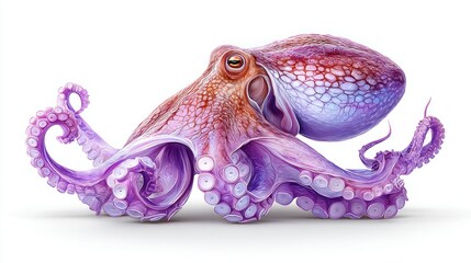 Fototapeta premium Vibrant purple octopus with detailed skin texture and suckers on a clean white background