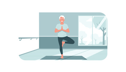 Obraz premium Senior man practicing yoga in modern studio with serene landscape view