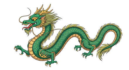 Obraz premium Isolated Asian dragon with green and yellow scales, golden mane and mystical curled body