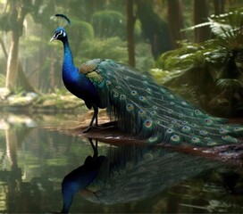 Naklejka premium A majestic peacock stands by a serene forest pond reflecting its beauty