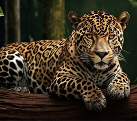 Obraz premium A majestic leopard resting on a tree branch in the forest