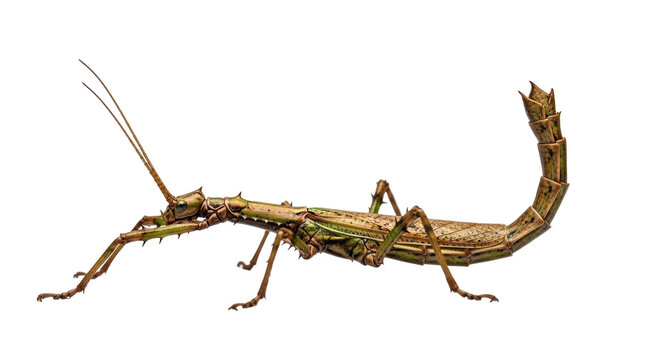 Isolated Anareolatae, an insect of the order Phasmida, with a curved abdomen, on a plain surface