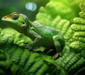 A vibrant green lizard perched on a large leaf in a lush environment