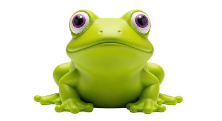 Isolated bright green plastic toy frog, cute amphibian figure with purple eyes, studio shot