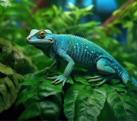 Fototapeta premium A vibrant blue lizard perched on a lush green leaf in a tropical environment
