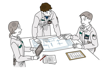 Industrial Workers Meeting Over Blueprint in Workplace