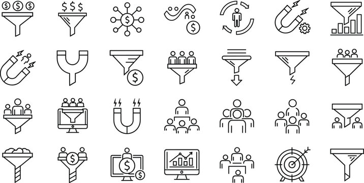 Lead Generation and Sales Funnel Icon Set Featuring Marketing Strategy, Customer Acquisition, Conversion Rate Optimization, Business Analytics, and Lead Magnet Symbols