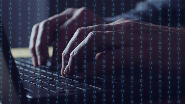 Business man hand typing on a computer. Close up. Binary numbers moving across the screen. Business strategy for success. Working hard. Digital content creation.