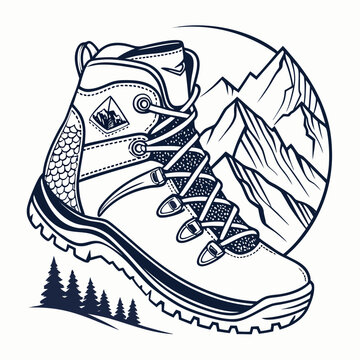Black and White Mountain Hiking Boot Illustration with Alpine Landscape