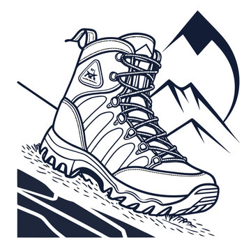 Black and White Hiking Boot Illustration on Mountain Terrain