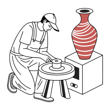 Potter Crafting Red and White Striped Vase on Wheel