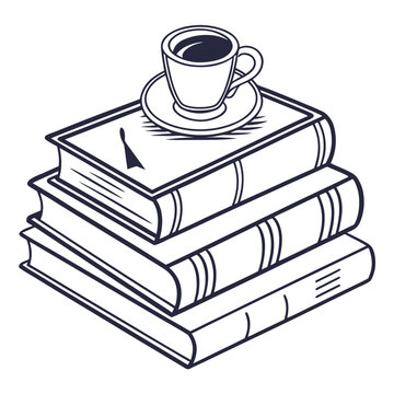 Stack of Books with Cup of Coffee Illustration, Black and White Line Art