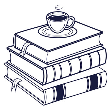 Stack of Three Books with Cup of Coffee on Top, Black and White Line Art