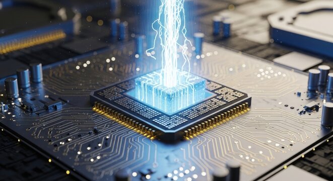 A glowing microchip on a computer motherboard with a bright blue light emanating from it symbolizing advanced technology and innovation