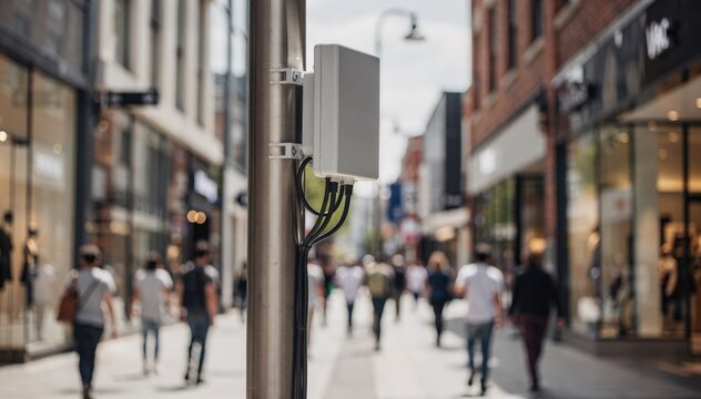 Medium shot of a 5G small cell attached to a lamppost on a bustling shopping street with blurred pedestrians and storefronts in the background.