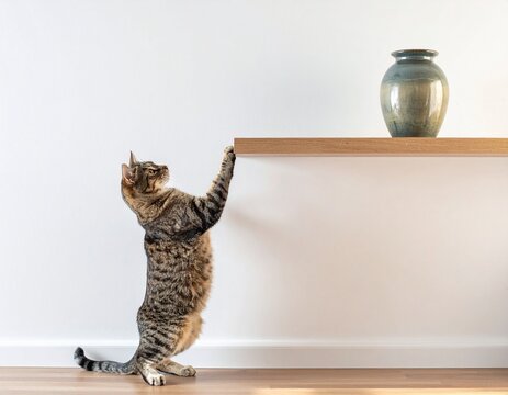 Schelmische Katze m&ouml;chte auf ein Regal mit hochwertiger Vase &ndash; verspielter Moment