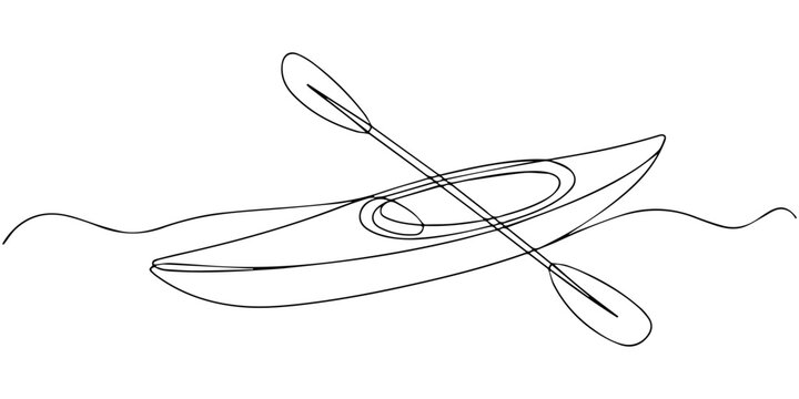 Single continuous line drawing canoe trails and rafting club with kayaking equipment. Vintage mountain, rafting, kayaking, paddling, canoeing camping. One line draw graphic design vector illustration