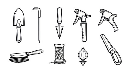 Fototapeta premium Collection of various black and white gardening tools and supplies icons.