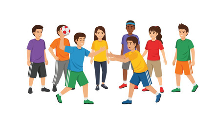 Obraz premium Group of diverse children playing an active ball game together, with two boys in the foreground engaged in throwing and catching, illustrating teamwork and fun.