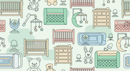 Fototapeta premium Cute baby items seamless pattern in soft pastel colors