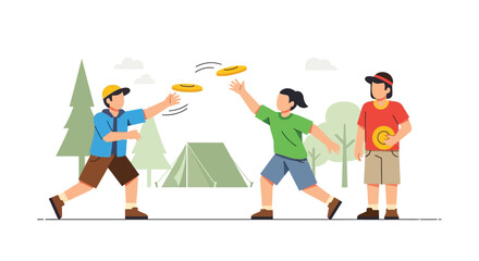 Fototapeta premium Three young people playing frisbee outdoors in a park with trees and a tent in the background, enjoying a leisure activity.
