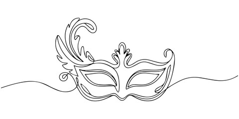 Mardi gras carnival feather mask drawing single continuous line art purple green and yellow color, Continuous line drawing of Mardi Gras Carnival mask. One line art. Vector illustration, masquerade. © Graphics Art