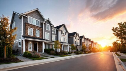 Obraz premium Row of modern townhouses at sunset with warm golden light illuminating the street