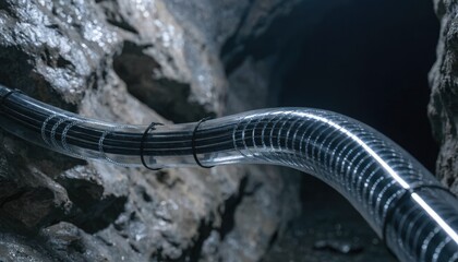 Fototapeta premium Focused medium shot of smart cable sheath with strain sensors installed inside a tunnel sensor elements clear against dimly lit outoffocus surroundings.