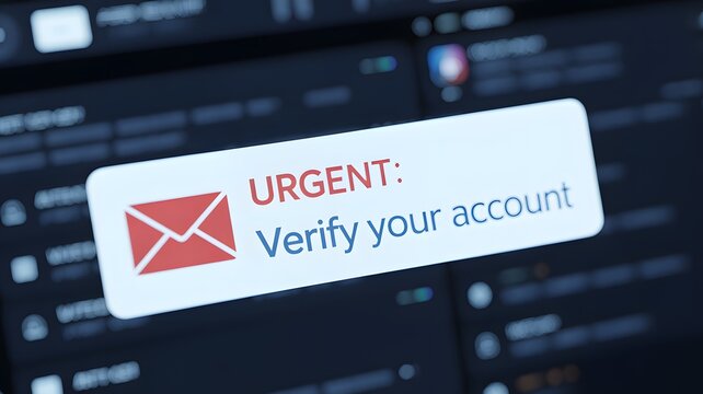 Email inbox displaying urgent verify your account message, phishing attack simulation, cybersecurity awareness, online fraud risk, and digital data protection concept